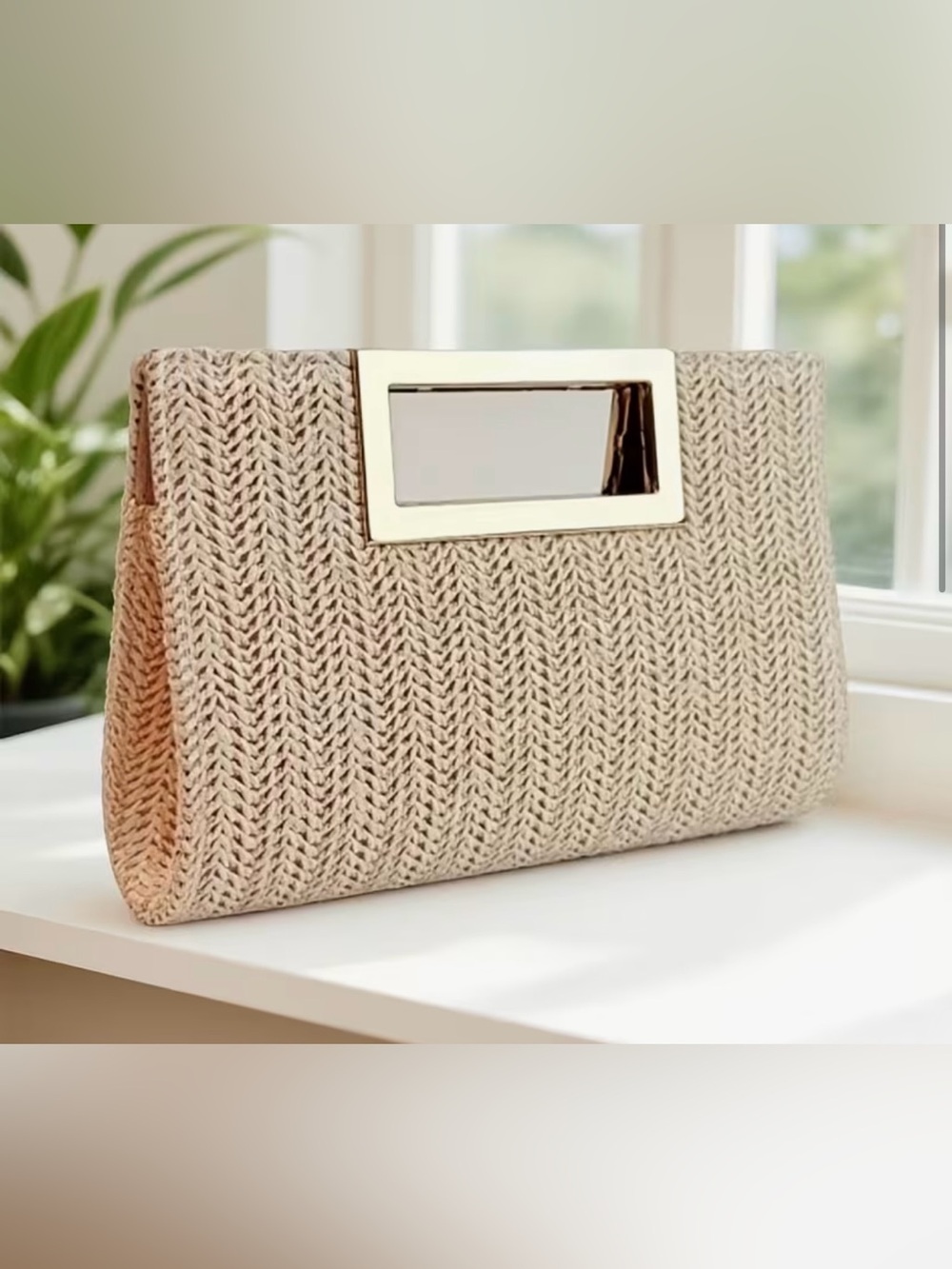 Woven Beige Knit Clutch with Gold Accent